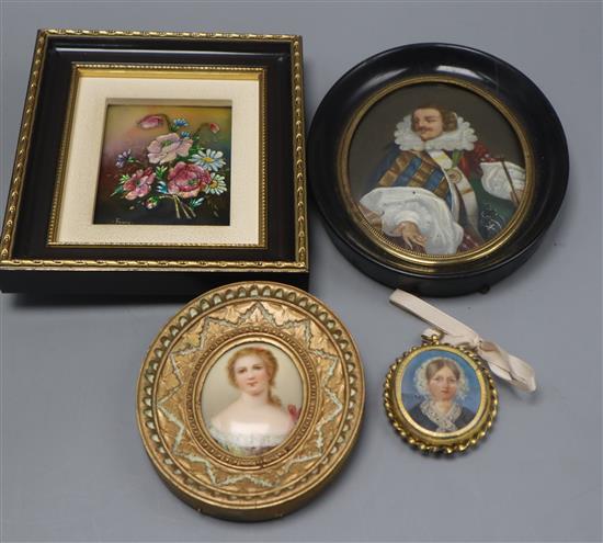 Three portrait miniatures and a still life